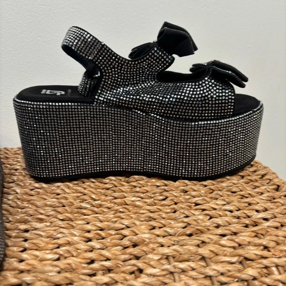 Platform Wedge Sandals with Bow Accent - Black Crystal
